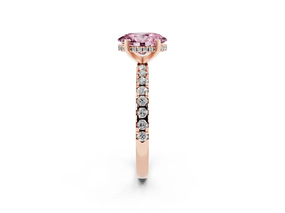 Fancy Pink Oval Cut Diamond Solitaire Ring with Round Pavé Band and Four-Prong Setting Rose gold