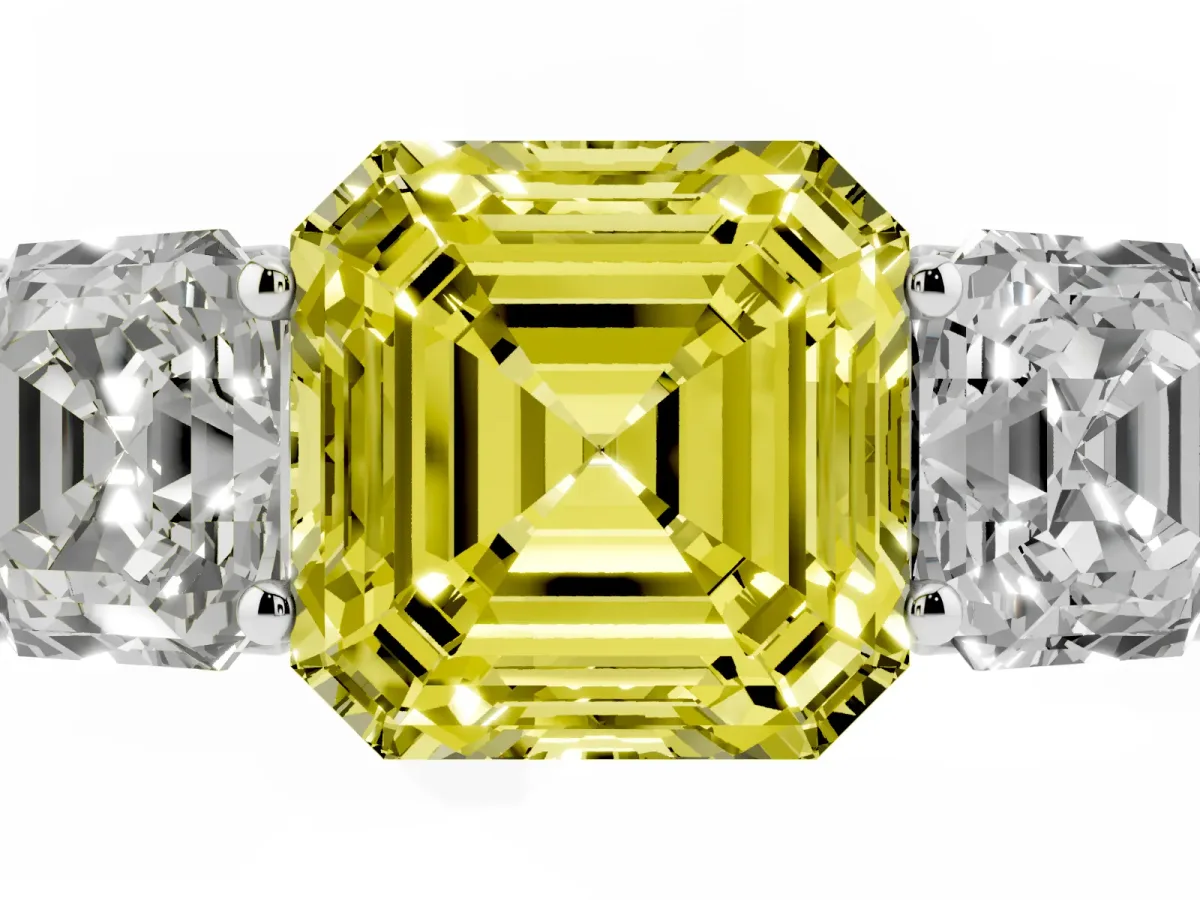 Fancy Yellow Asscher Cut Three-Stone Diamond Ring with Prong Setting on a Classic Band Silver