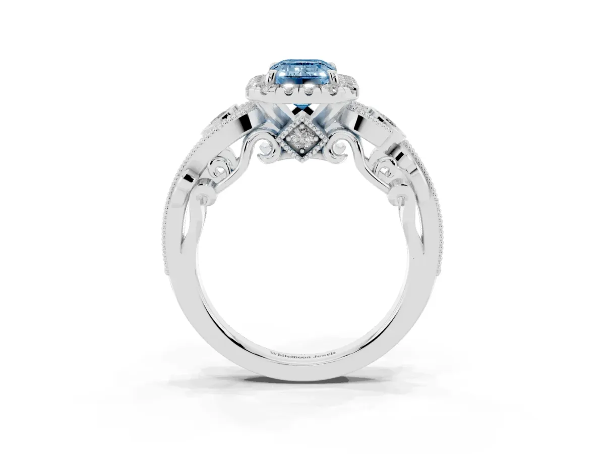 Fancy Blue Emerald Cut Diamond Halo Ring with Milgrain Pavé Band and Four-Prong Setting White gold