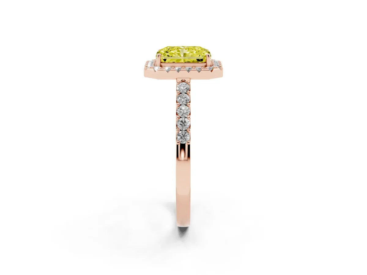 Fancy Yellow Radiant Cut Halo Diamond Pavé Solitaire Ring Rose gold