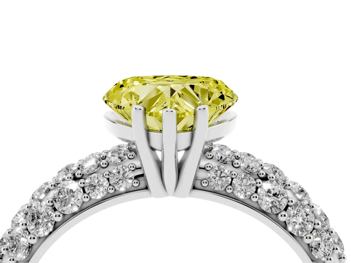 Fancy Yellow Heart Cut Diamond Pavé Band Solitaire Ring with Four-Prong Setting Silver