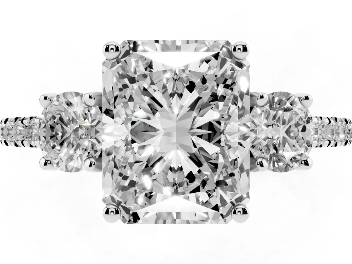 Three-Stone Radiant Cut Cut Diamond Pavé Band with Prong Setting Silver