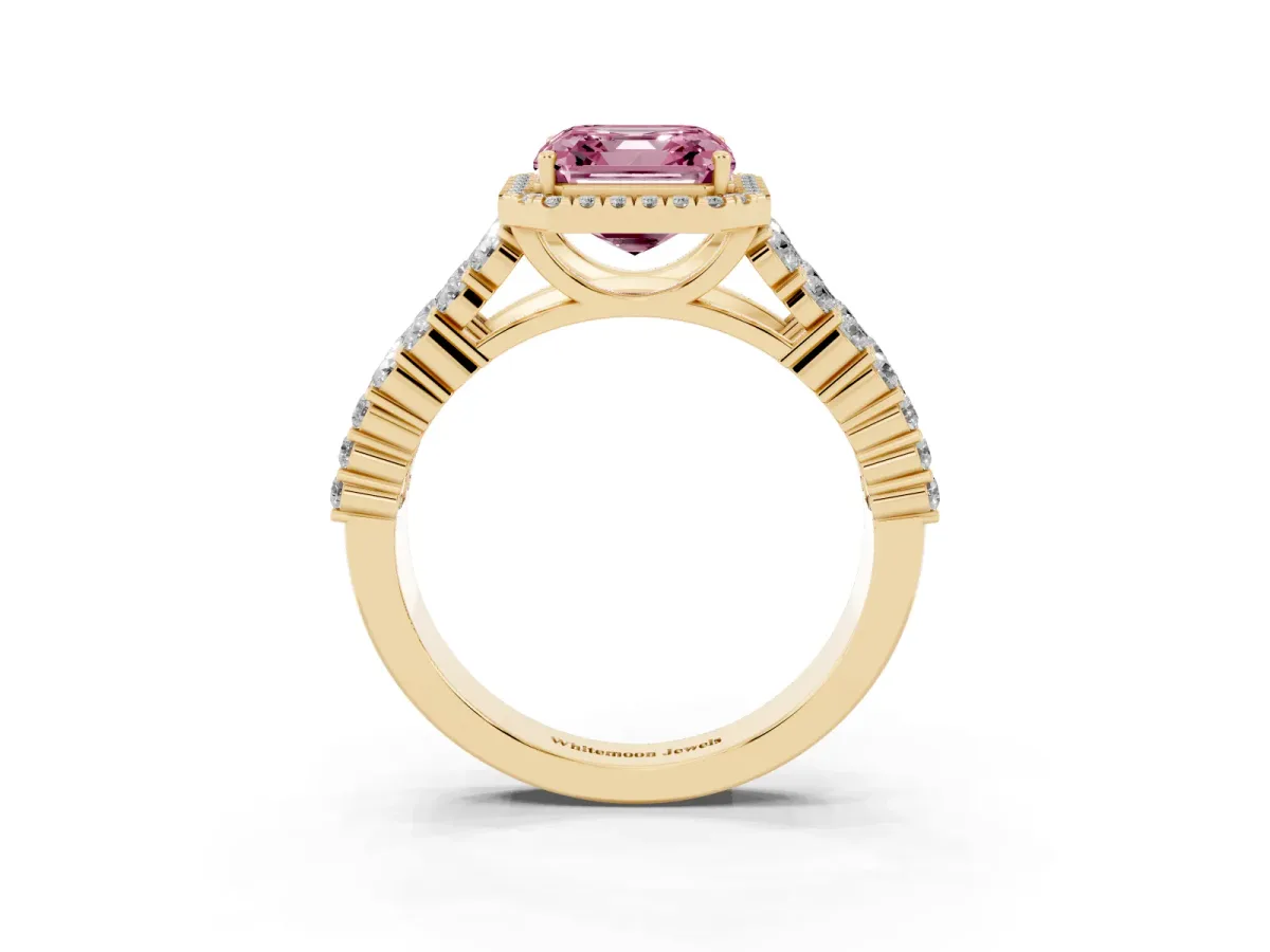 Fancy Pink Asscher Cut Diamond Halo Engagement Ring with Triple Row Round Pavé Band and Prong Setting Yellow gold