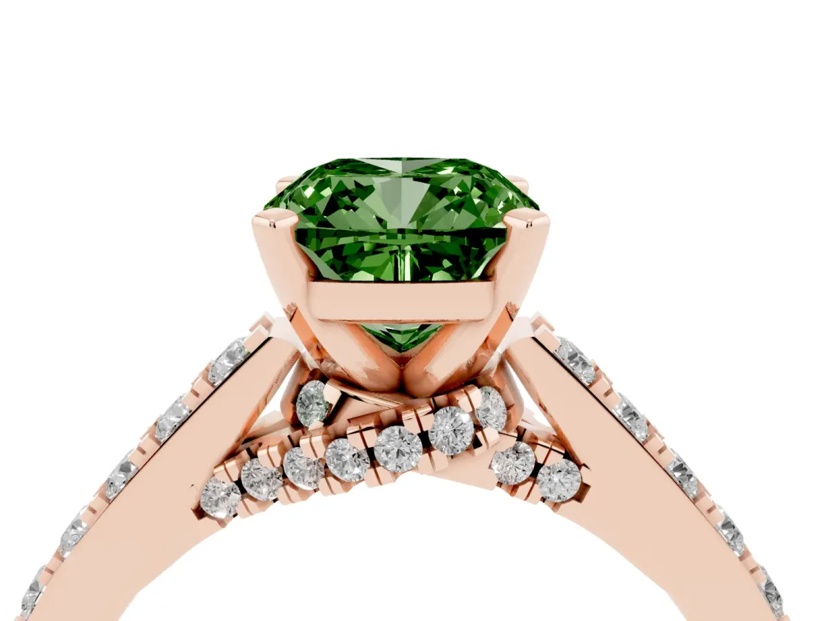 Fancy Green Cushion Cut Diamond Solitaire Ring with Crossover Gallery and Round Pavé Band Rose gold