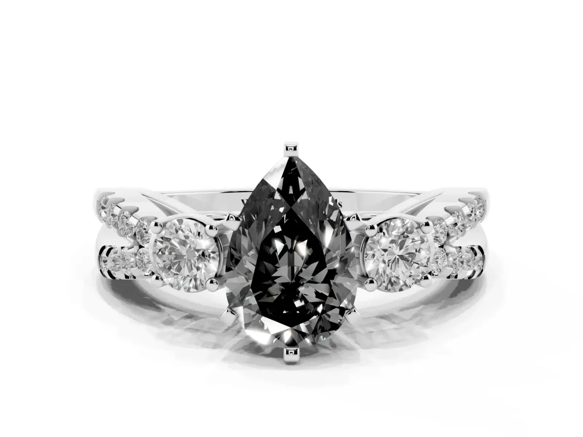 Fancy Black Pear Cut Diamond Three-Stone Ring with Pavé Split Shank and Four-Prong Setting Silver