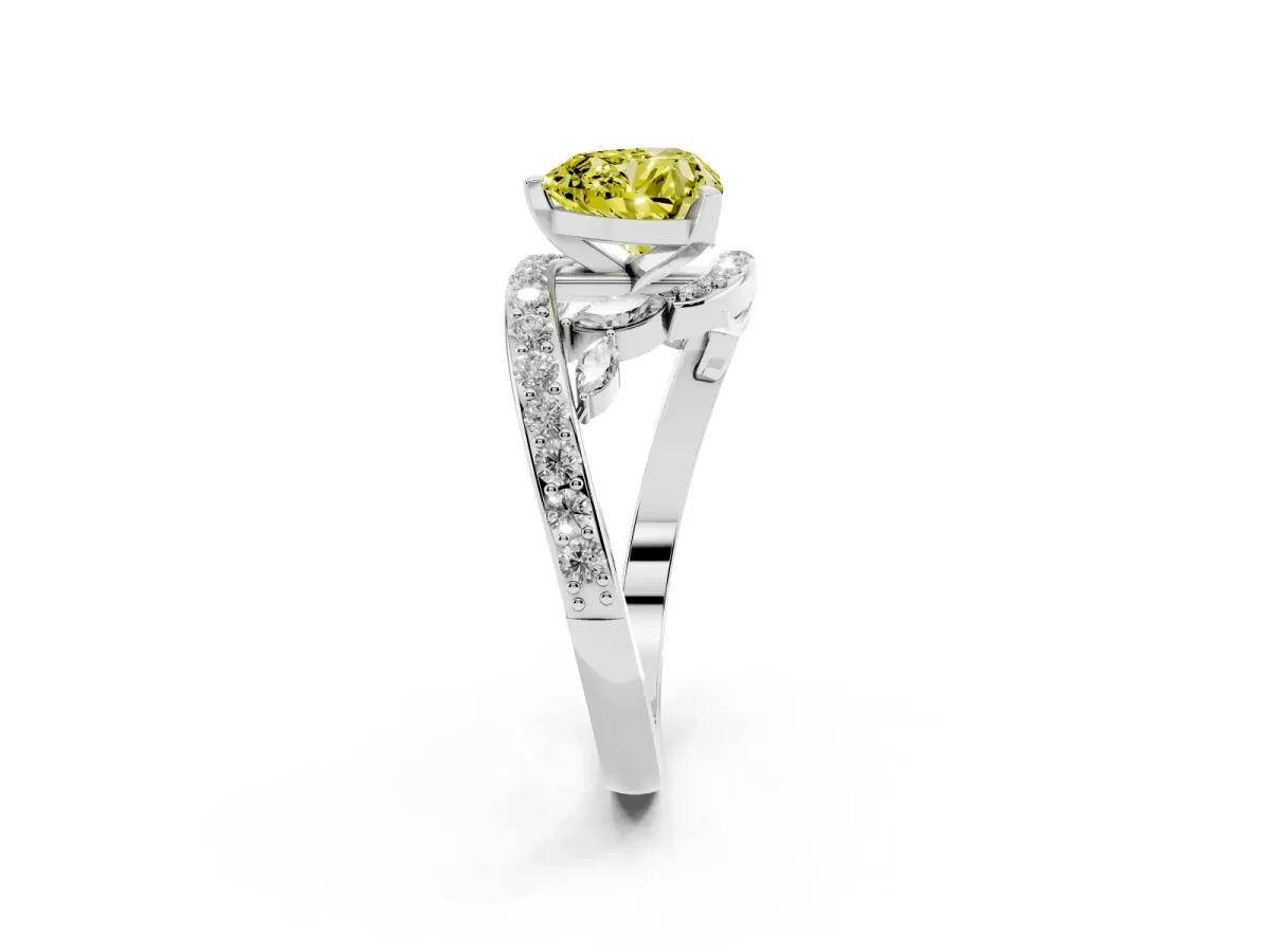 Fancy Yellow Heart Cut Solitaire with Pavé Twist Band and Four-Prong Setting Platinum