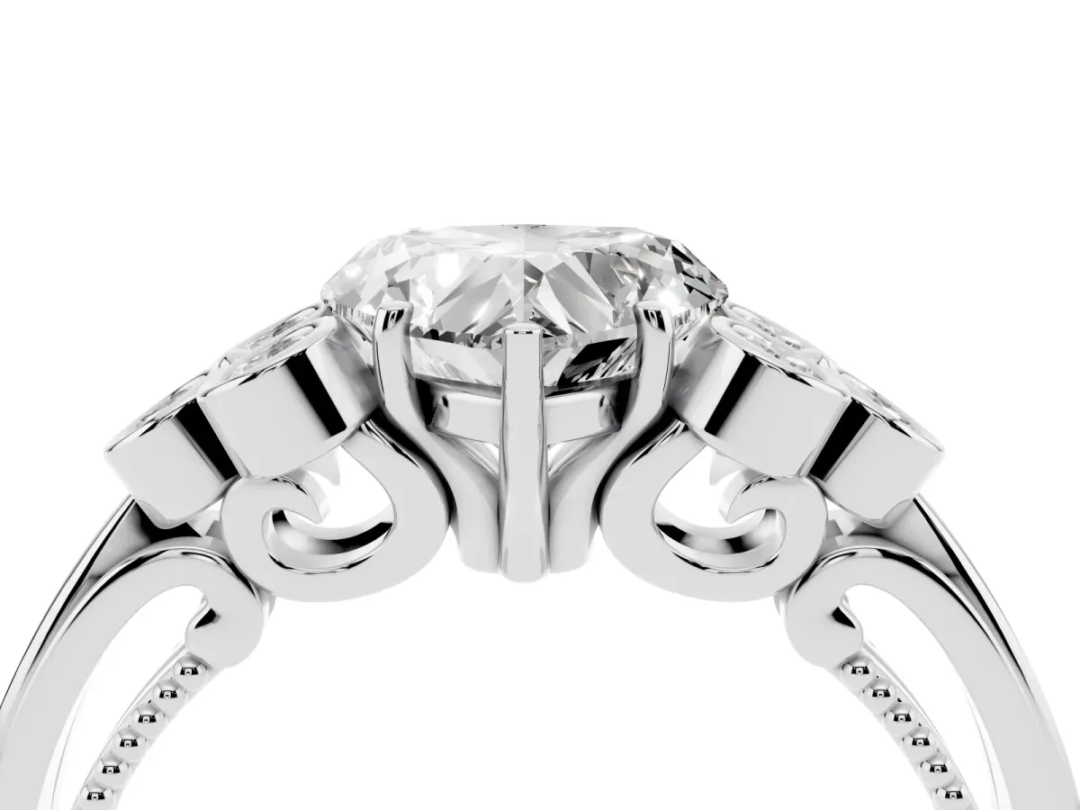 Heart Cut Cut Diamond Engagement Ring with Bezel Set Round Side Stones and Prong Setting Silver