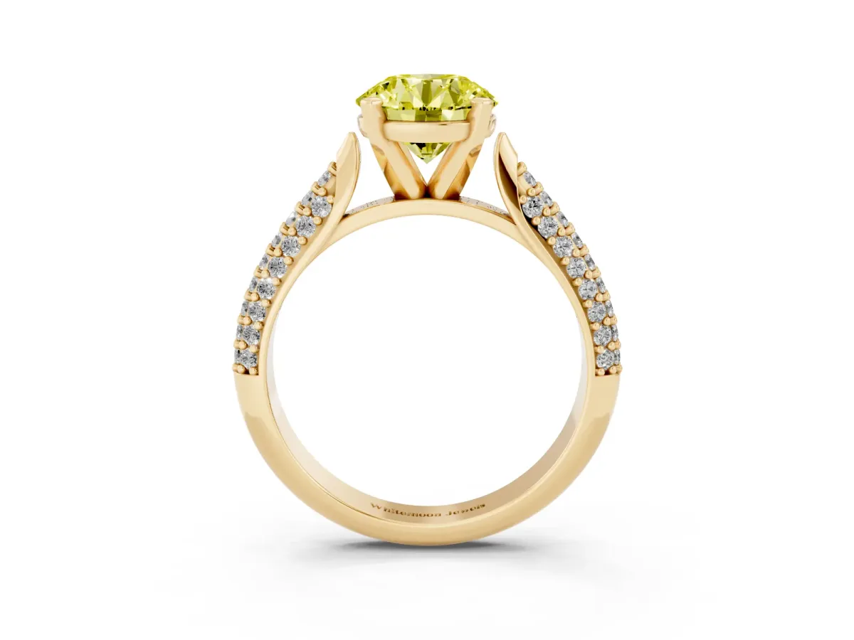 Fancy Yellow Round Cut Diamond Solitaire Engagement Ring with Multi-Row Round Pavé Band and Prong Setting Yellow gold