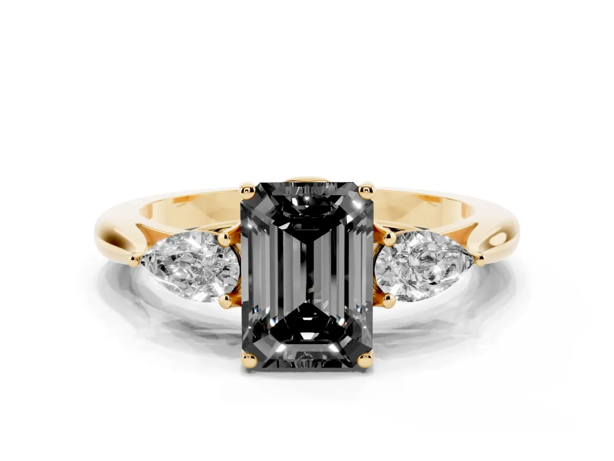 Fancy Black Three-Stone Emerald Cut Brilliant Diamond Solitaire Ring with Tapered Band and Four-Prong Setting Yellow gold