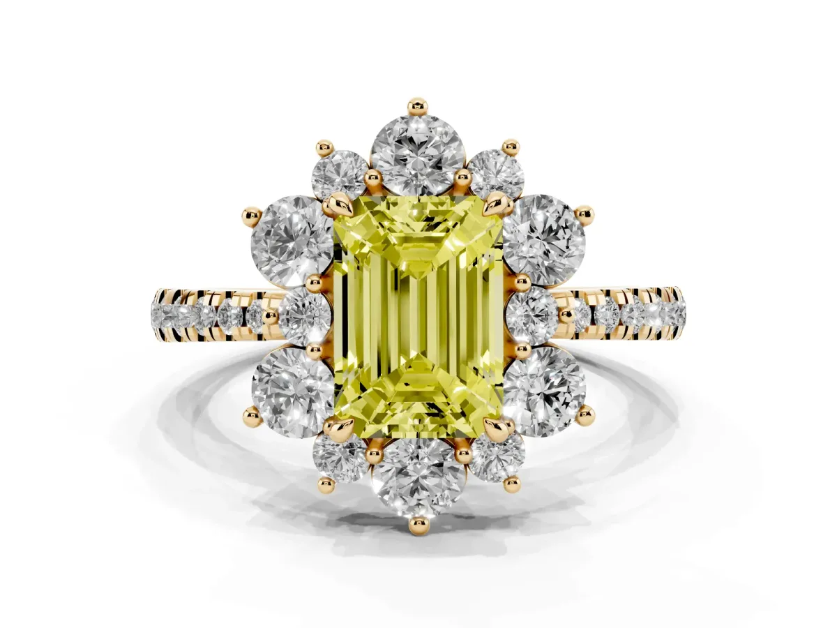 Fancy Yellow Emerald Cut Diamond Floral Halo Ring with Round Pavé Band and Prong Setting Yellow gold