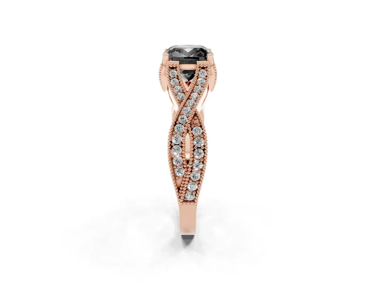 Fancy Black Cushion Cut Cut Diamond Twisted Band with Milgrain Pave Setting and Four-Prong Setting Rose gold