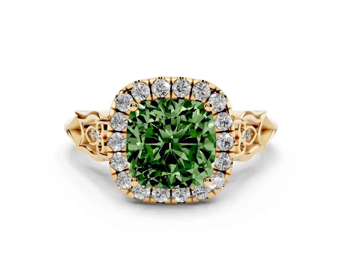 Fancy Green Cushion Cut Halo Diamond Engagement Ring with Filigree Band and Four-Prong Setting Yellow gold
