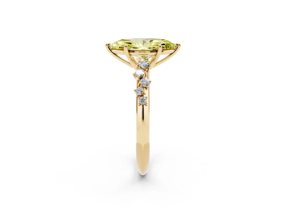 Fancy Yellow Marquise Cut Diamond Cluster Side Stone Solitaire Ring with Prong Setting Yellow gold