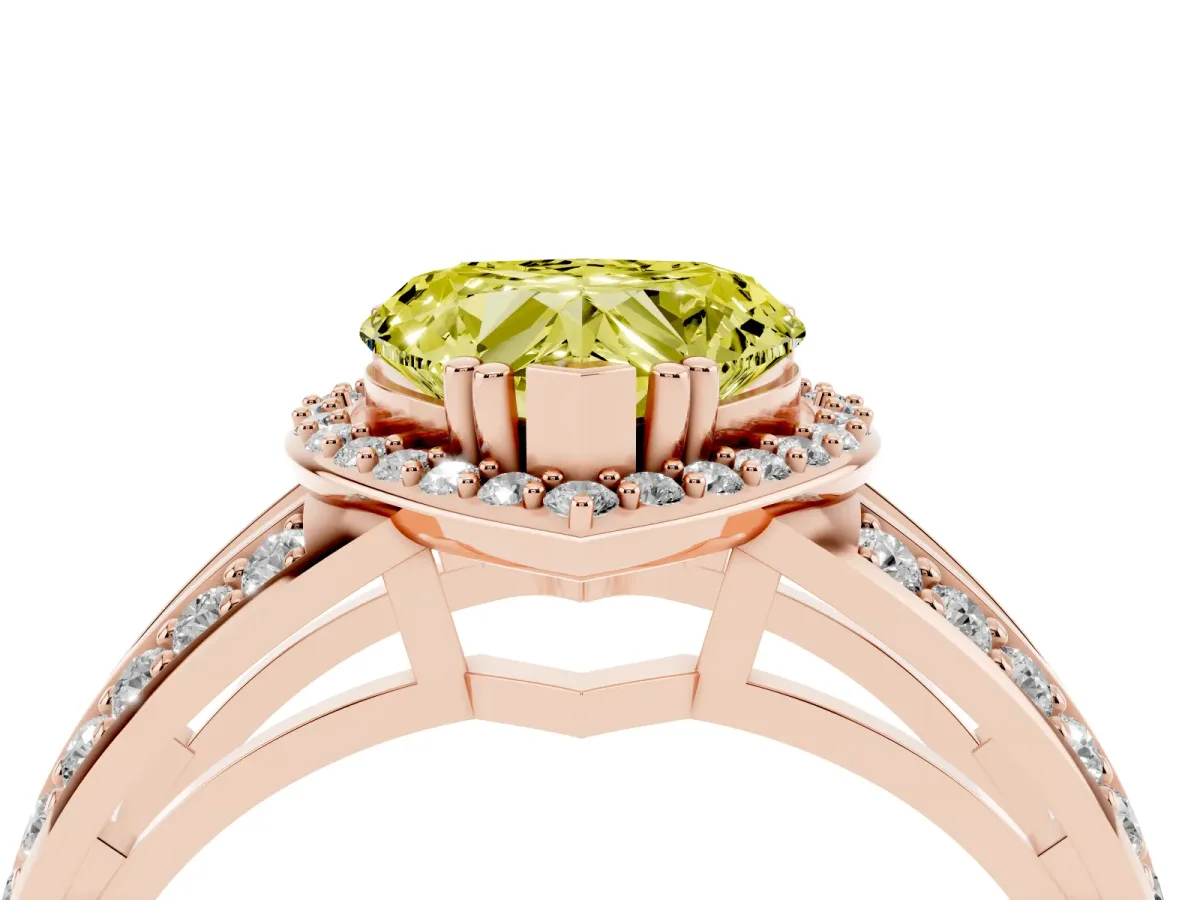 Fancy Yellow Heart Cut Diamond Halo Ring with Split Shank Pavé Band and Four-Prong Setting Rose gold
