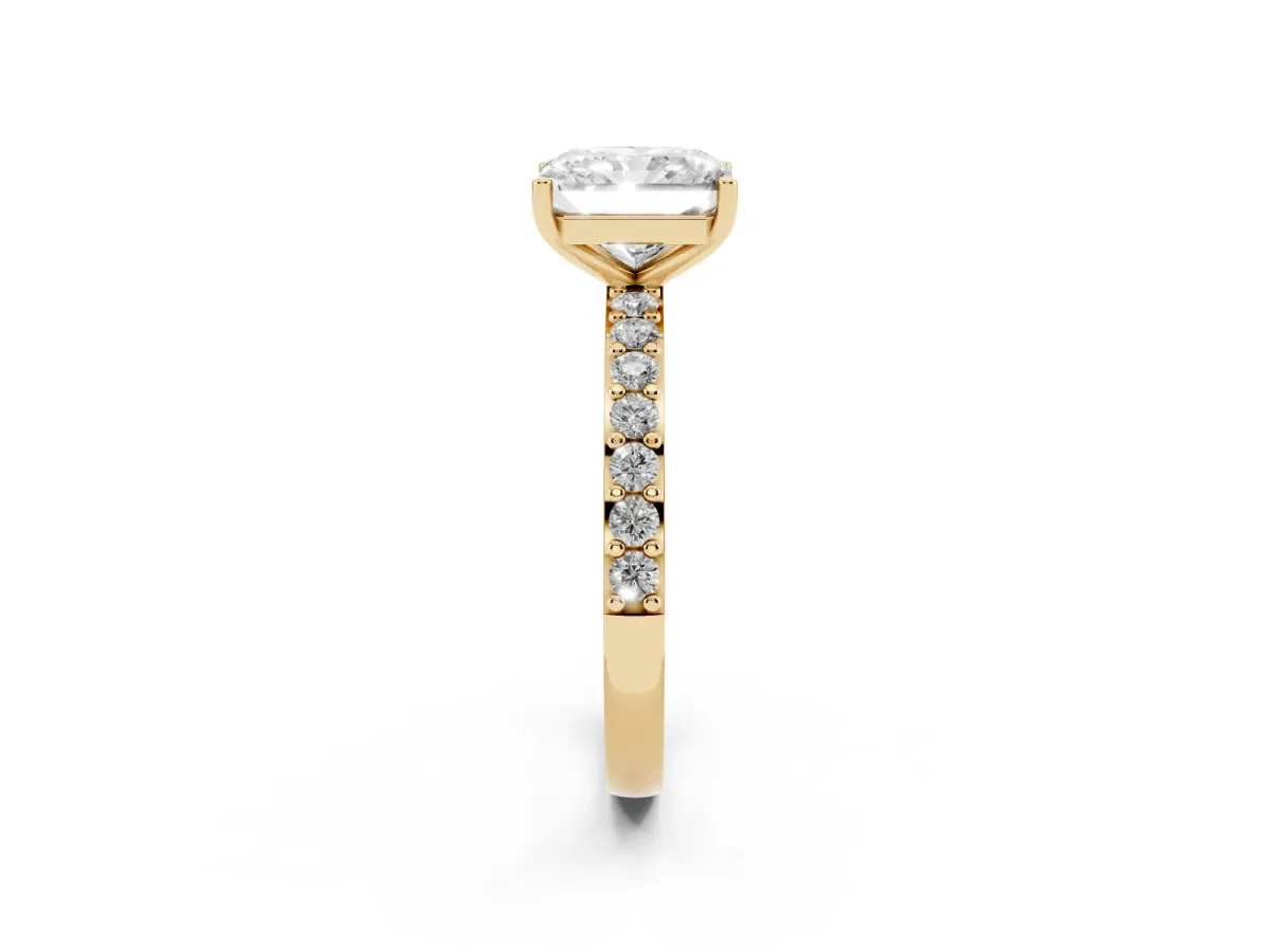 Radiant Cut Cut Diamond Solitaire with Pave Band and Four-Prong Setting Yellow gold