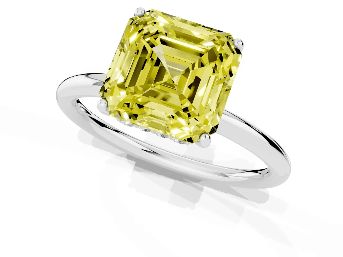 Fancy Yellow Asscher Cut Solitaire Diamond Ring with a Classic Band and Four-Prong Setting Silver