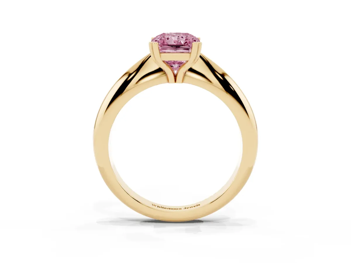 Fancy Pink Radiant Cut Cut Solitaire Engagement Ring with Tapered Band and Four-Prong Setting Yellow gold