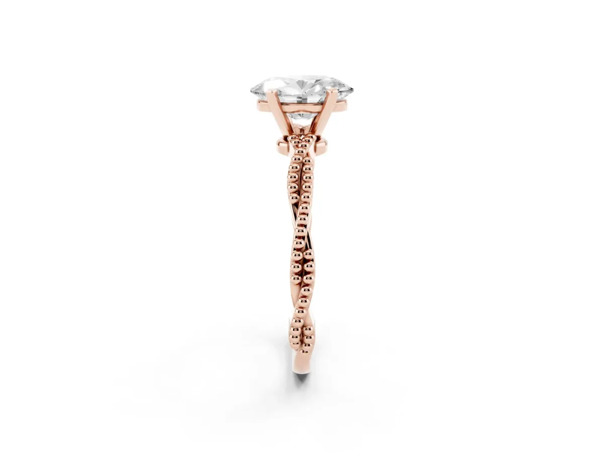 Oval Cut Solitaire Twisted Band with Bead Prong Setting Rose gold