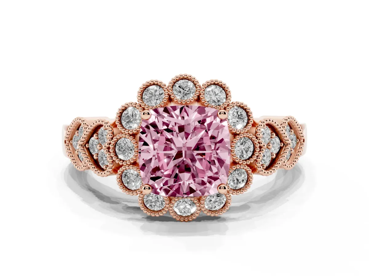Fancy Pink Cushion Cut Brilliant Milgrain Pave Heart Band Solitaire Ring Rose gold