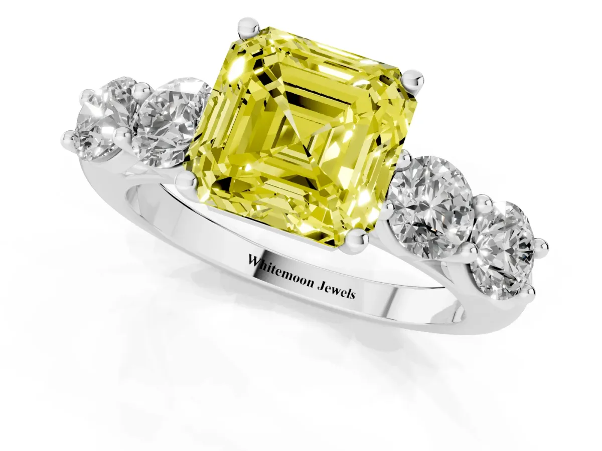 Fancy Yellow Asscher Cut Cut Five-Stone Prong Set Diamond Ring with Classic Band White gold