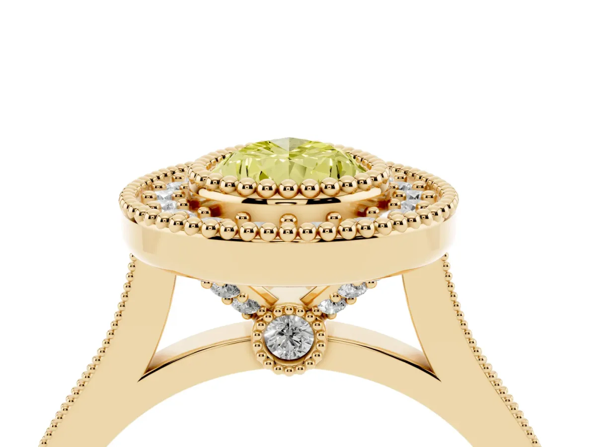 Fancy Yellow Pear Cut Diamond Halo Ring with Milgrain Frame and Pavé Band Yellow gold
