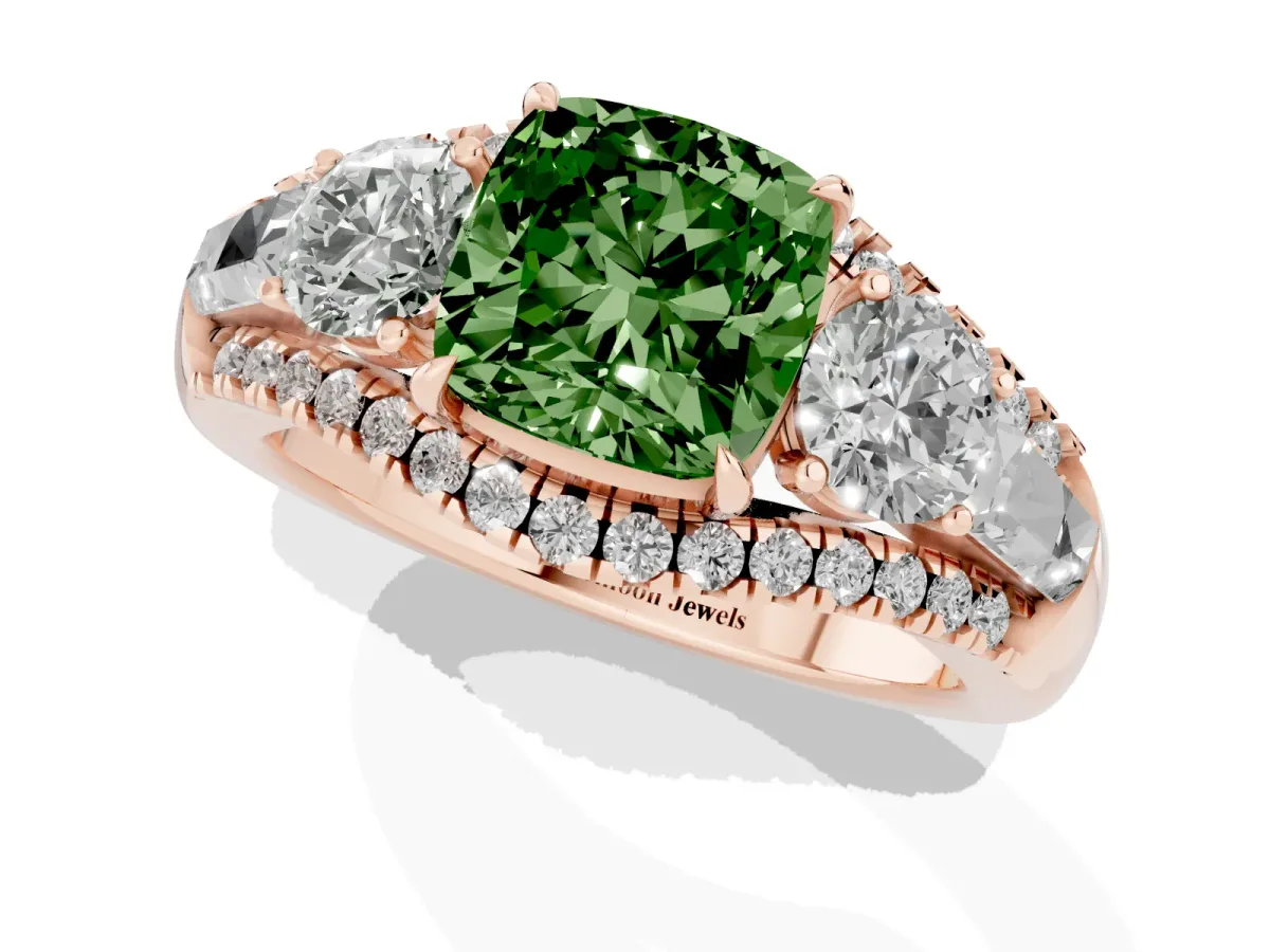 Fancy Green Three-Stone Cushion Cut Diamond Engagement Ring with Pave Band and Prong Setting Rose gold