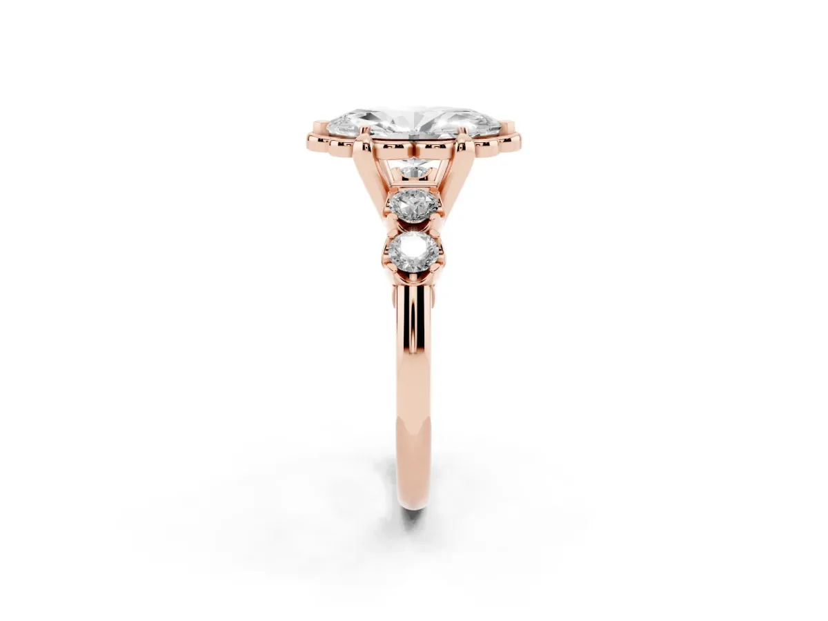 Marquise Cut Cut Diamond Floral Halo Engagement Ring with Shared Prong Setting Rose gold