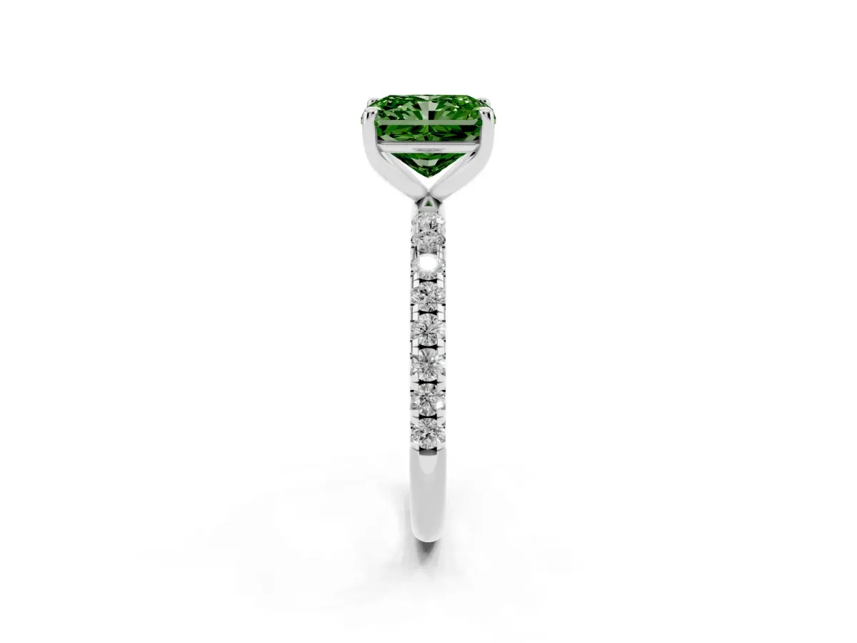 Fancy Green Radiant Cut Cut Diamond Solitaire Ring with Micro Pave Band and Four Prong Setting Platinum