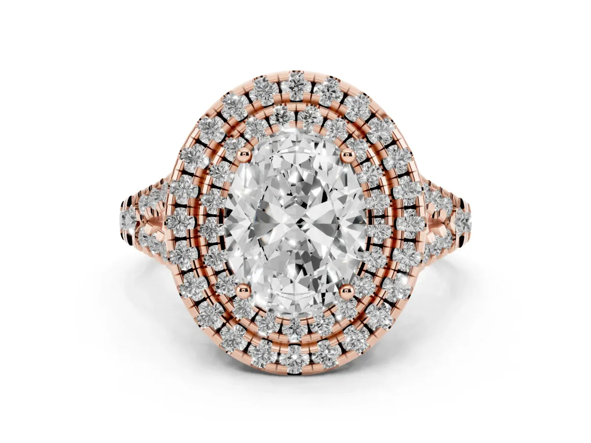 Double Halo Oval Cut Diamond Pavé Split Shank Ring with Prong Setting Rose gold
