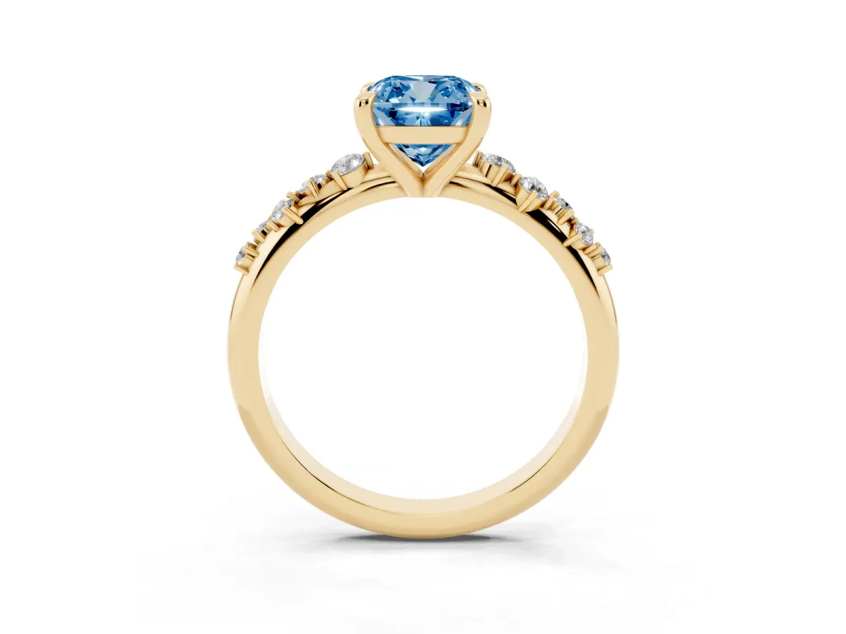 Fancy Blue Cushion Cut Cut Diamond Vine Band with Four-Prong Setting Yellow gold