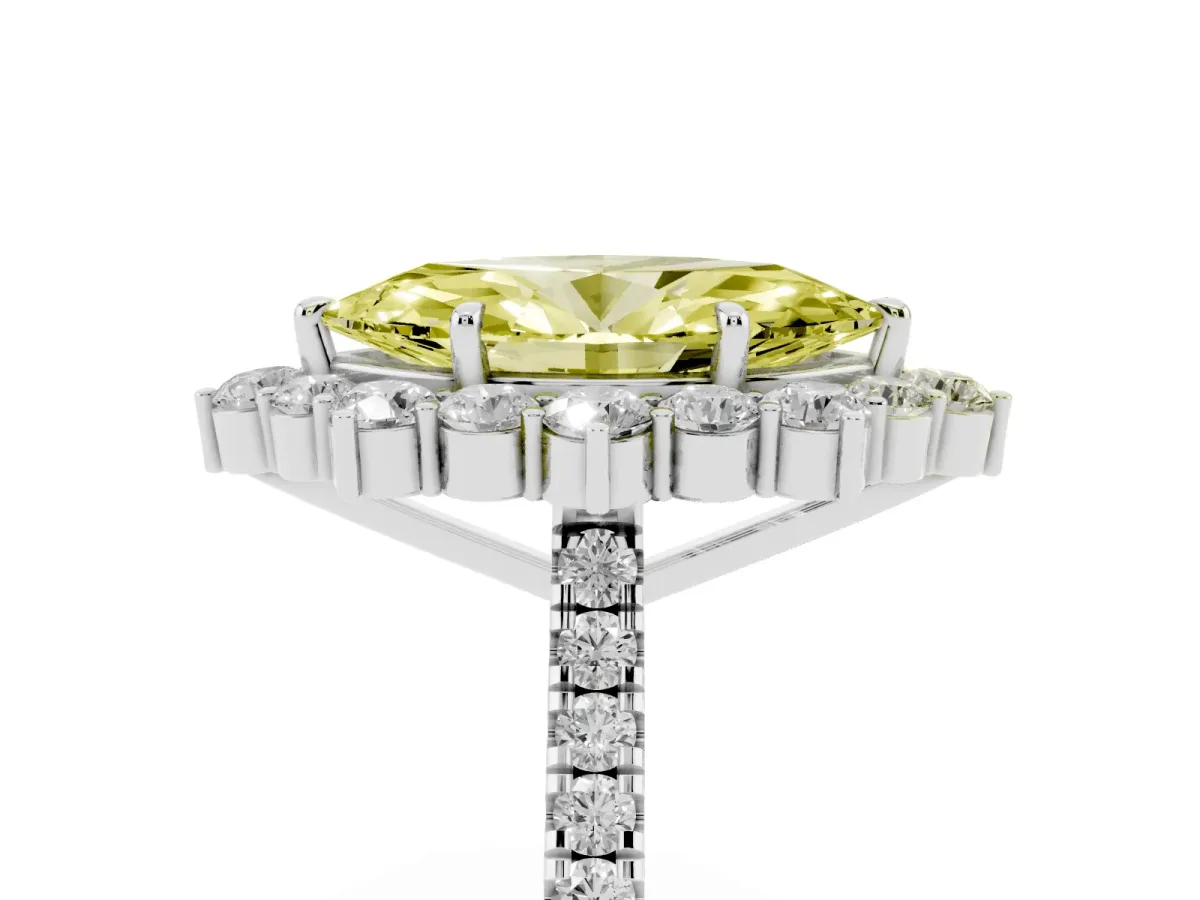 Fancy Yellow Marquise Cut Halo Diamond Ring with Pavé Band and Prong Setting White gold
