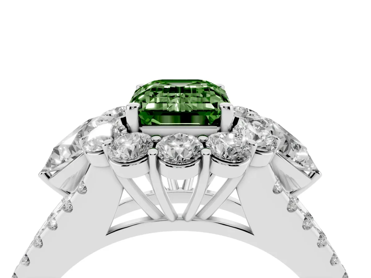 Fancy Green Emerald Cut Halo Split Shank Diamond Engagement Ring with Prong Setting White gold