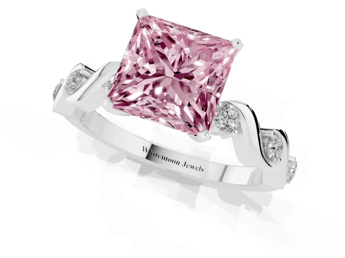 Fancy Pink Princess Cut Diamond Solitaire Twisted Band with Round Accents and Prong Setting White gold
