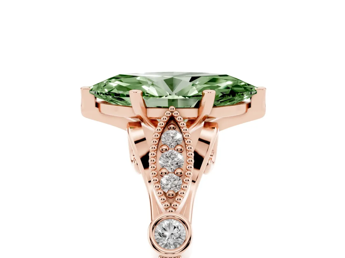 Fancy Green Marquise Cut Cut Diamond with Milgrain Marquise and Bezel Accents on a Solitaire Band with Prong Setting Rose gold