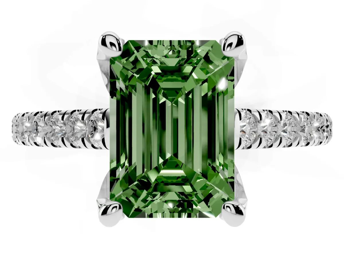Fancy Green Emerald Cut Brilliant Diamond Solitaire with Pavé Band and Four-Prong Setting Platinum