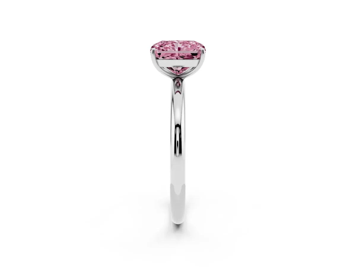 Fancy Pink Radiant Cut Solitaire Diamond Ring with Four-Prong Setting on a Plain Band Platinum