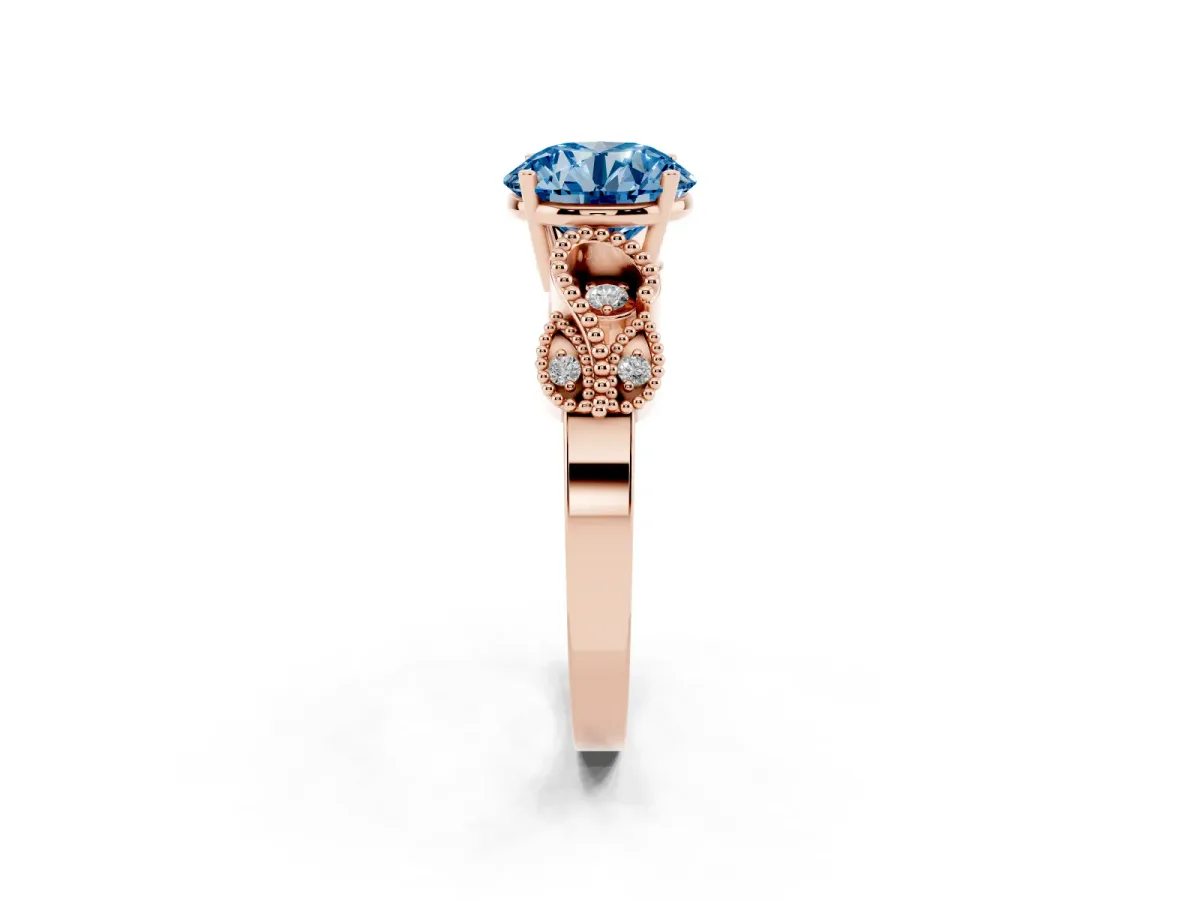 Fancy Blue Round Cut Solitaire Milgrain Leaf Band with Prong Setting Rose gold