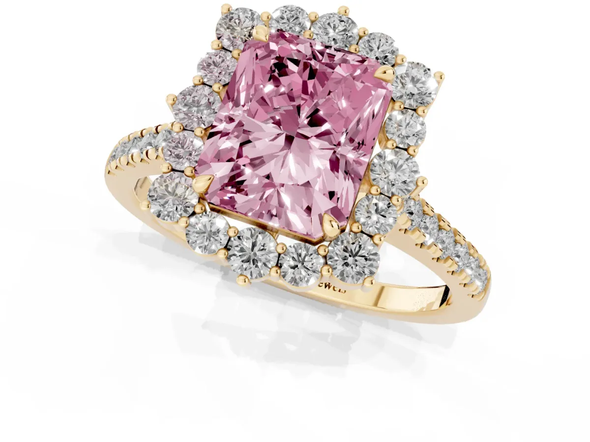 Fancy Pink Radiant Cut Halo Diamond Ring with Pavé Band and Prong Setting Yellow gold