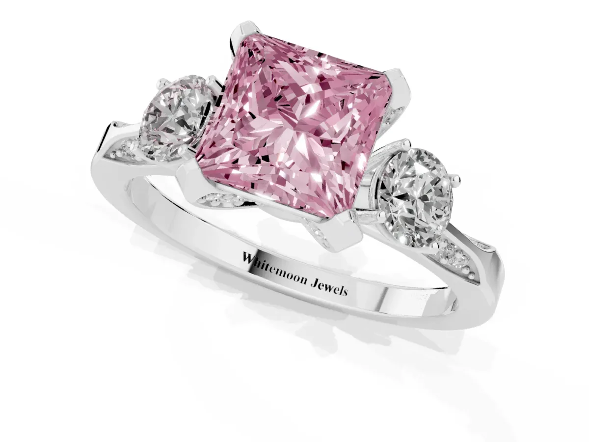 Fancy Pink Princess Cut Brilliant Three-Stone Diamond Ring with Pavé Band and Four-Prong Setting Silver