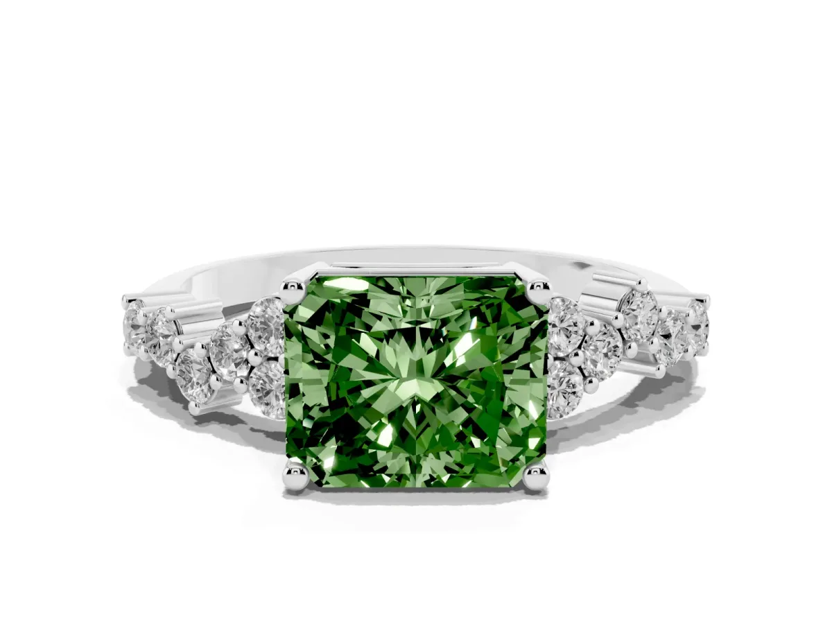 Fancy Green Radiant Cut Diamond Scattered Round Accent Ring with Prong Setting White gold