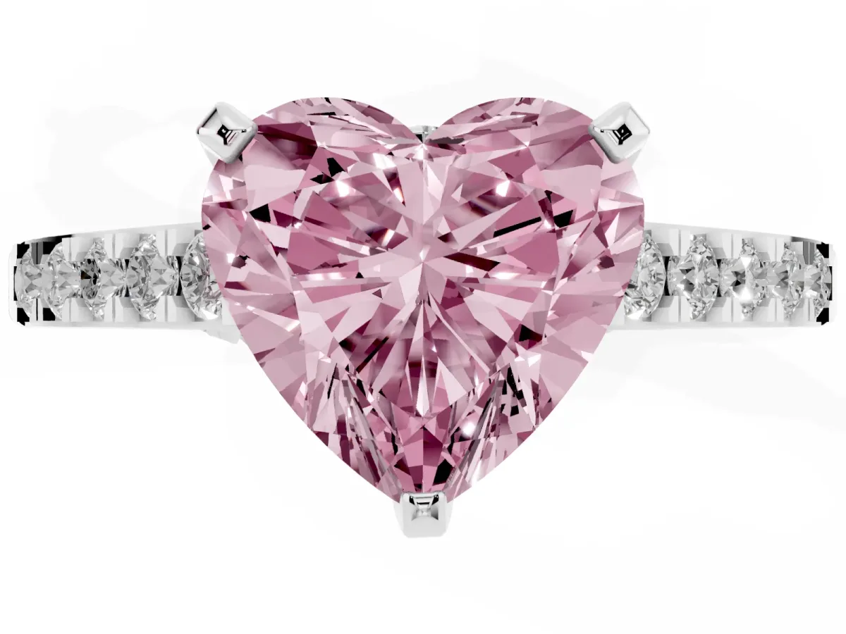 Fancy Pink Heart Cut Diamond Solitaire Ring with Crossover Gallery and Round Pavé Band White gold