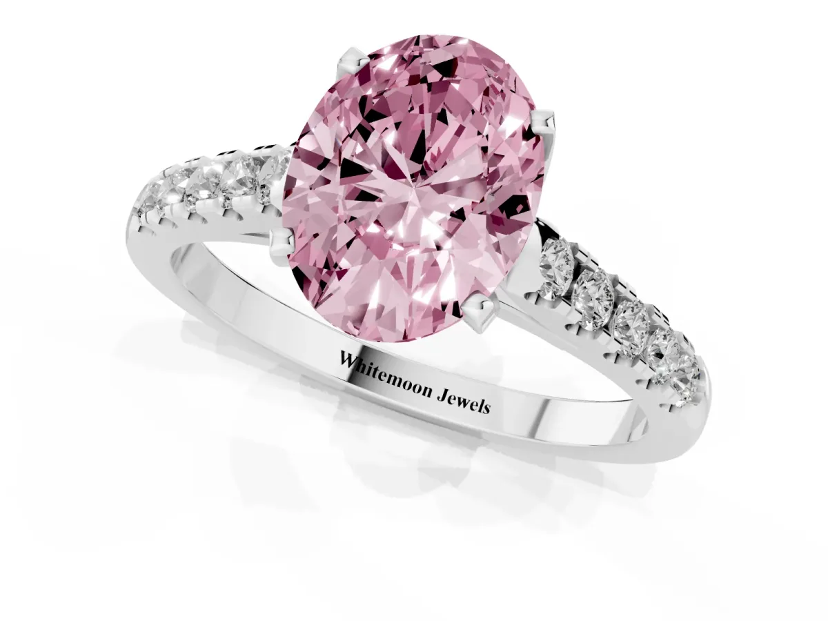Fancy Pink Oval Cut Diamond Pavé Band Solitaire Ring with Prong Setting White gold