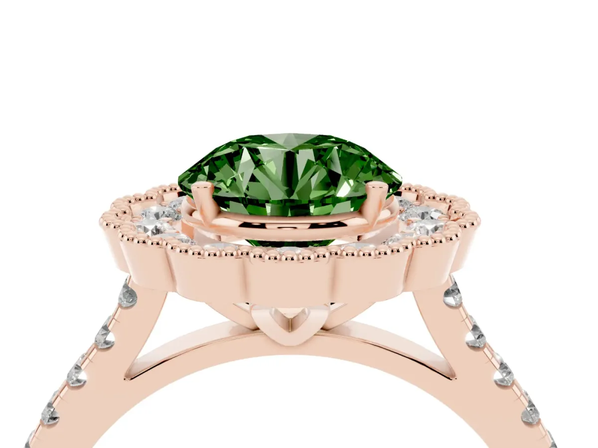 Fancy Green Round Cut Cut Diamond Milgrain Floral Halo Engagement Ring with Pavé Band Rose gold
