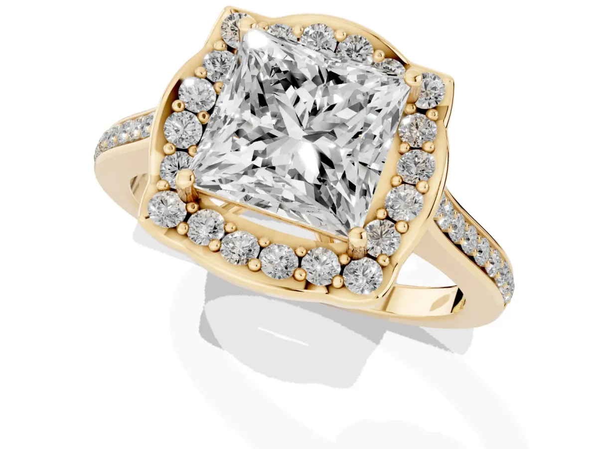 Princess Cut Halo Round Diamond Pave Band with Four-Prong Setting Yellow gold