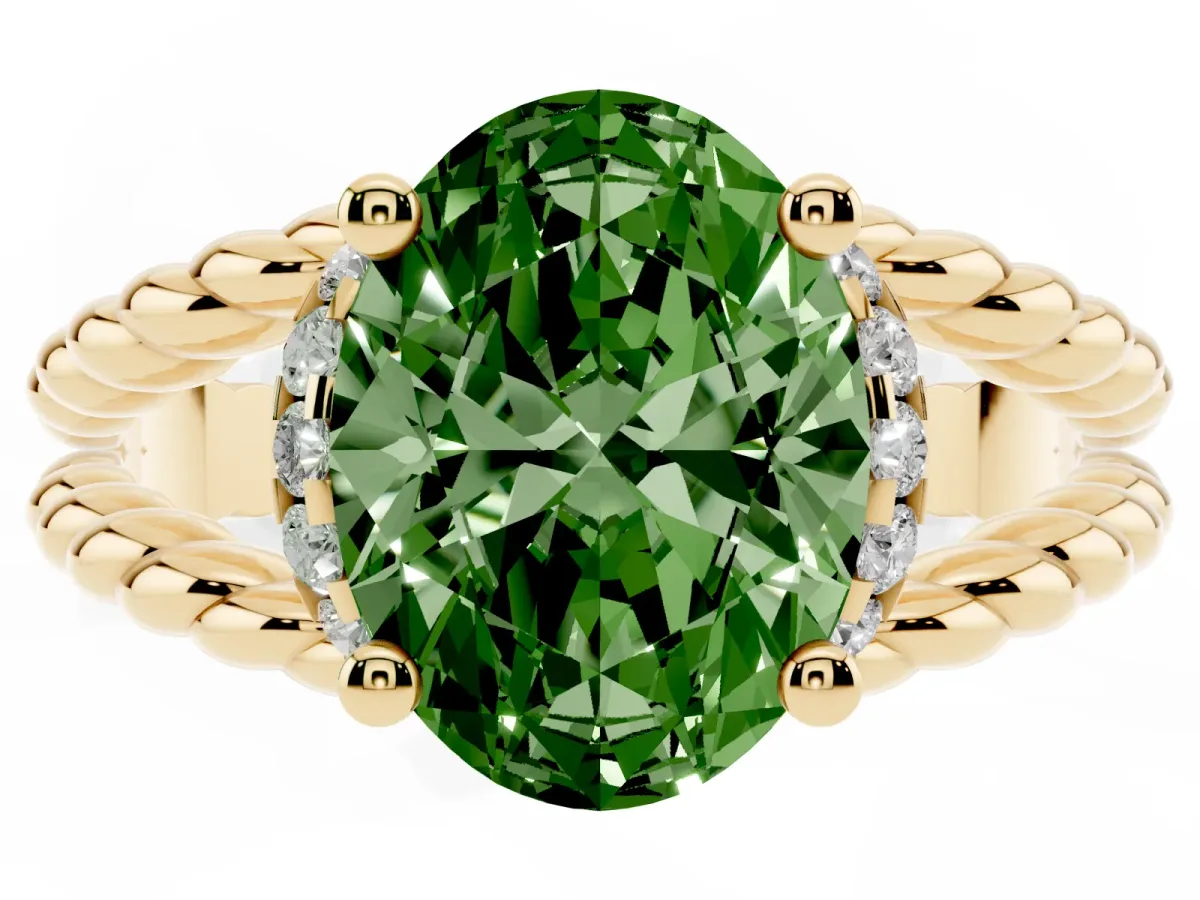 Fancy Green Oval Cut Halo Twisted Band Four-Prong Ring Yellow gold