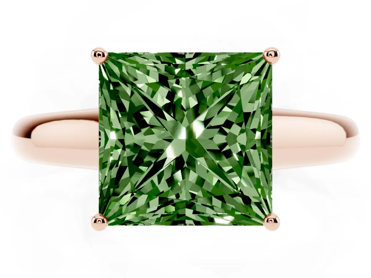 Fancy Green Princess Cut Solitaire Engagement Ring with Tapered Band and Four-Prong Setting Rose gold