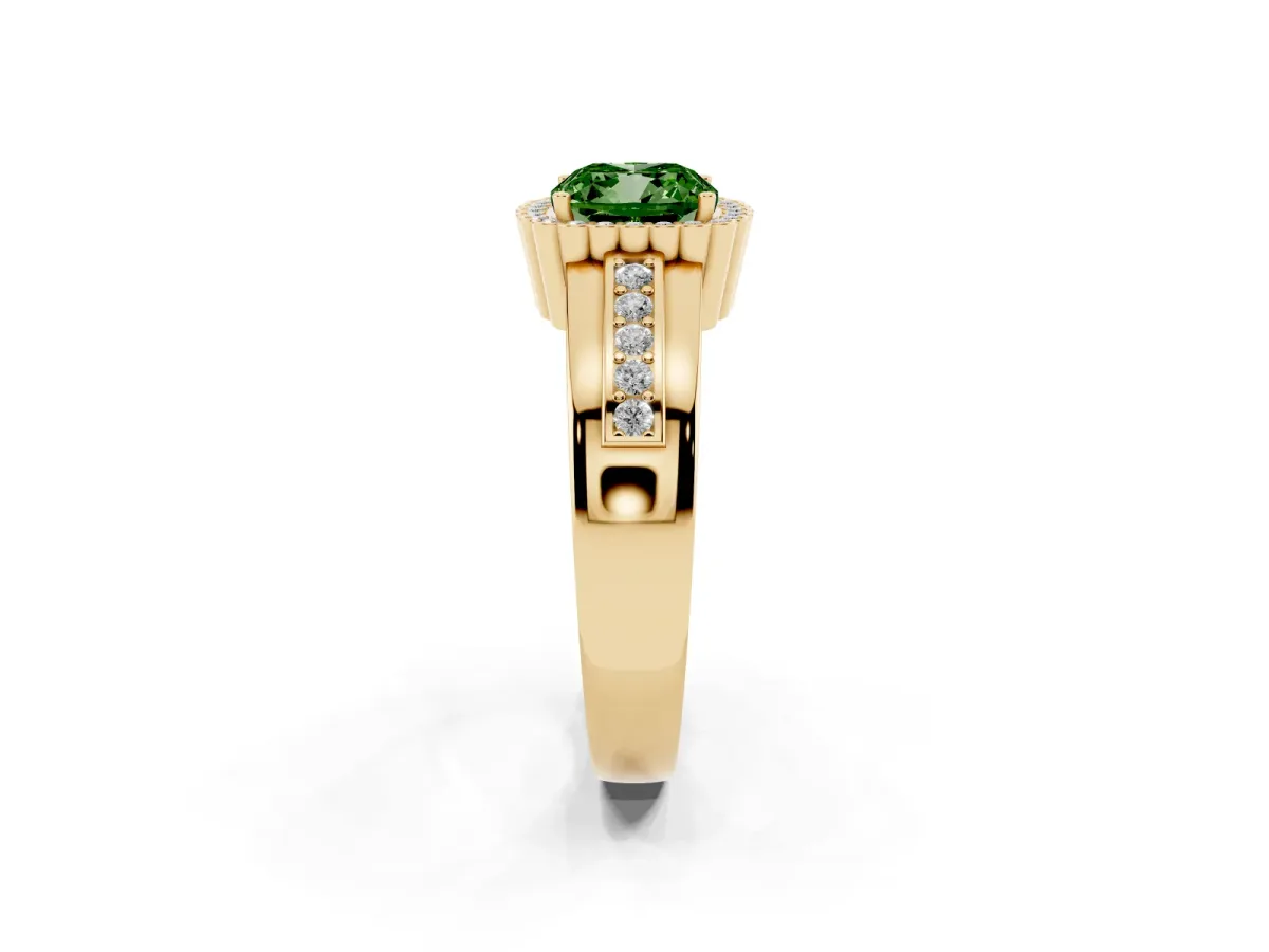 Fancy Green Cushion Cut Cut Halo Pave Band Four-Prong Ring Yellow gold