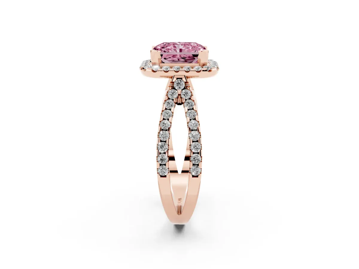 Fancy Pink Radiant Cut Diamond Halo Ring with Split Shank Pavé Band and Prong Setting Rose gold