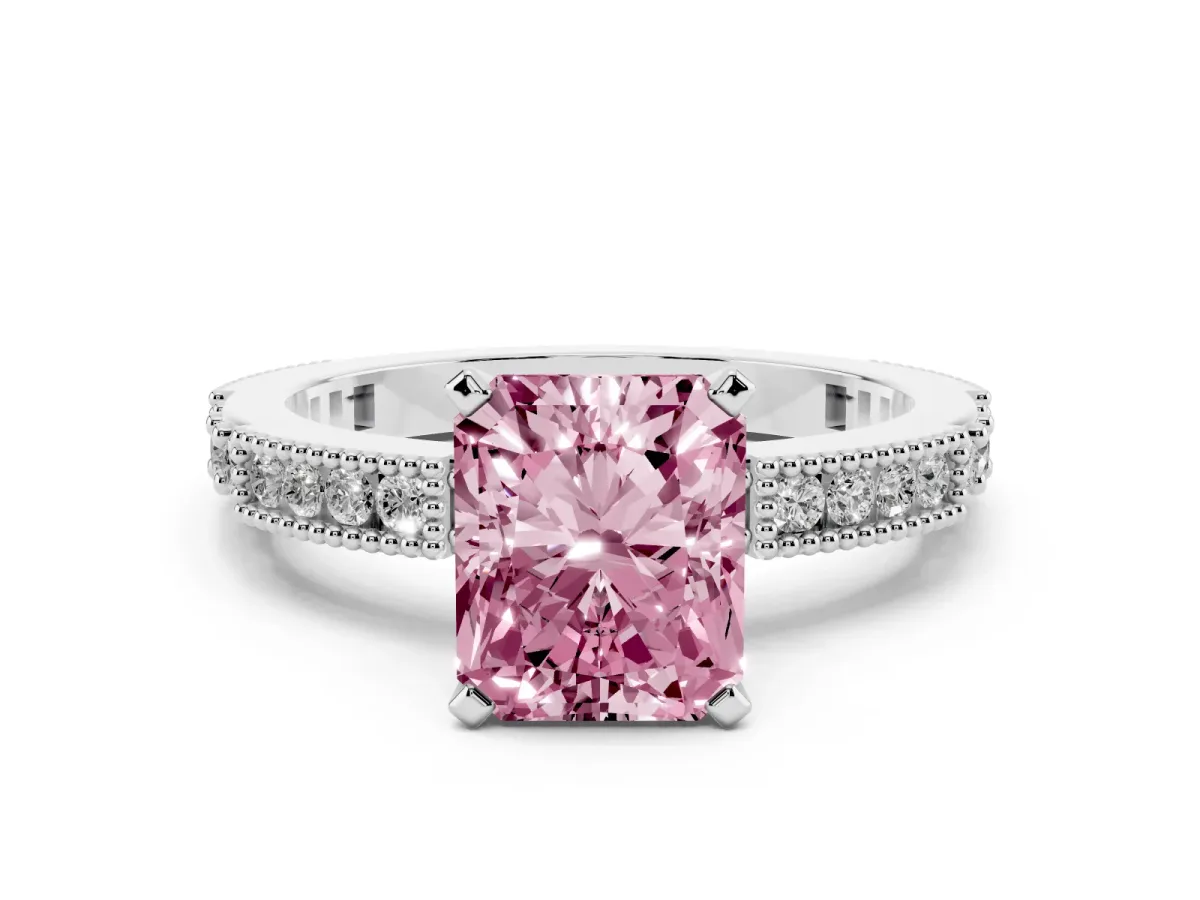 Fancy Pink Radiant Cut Solitaire with Pavé Band and Four-Prong Setting Silver
