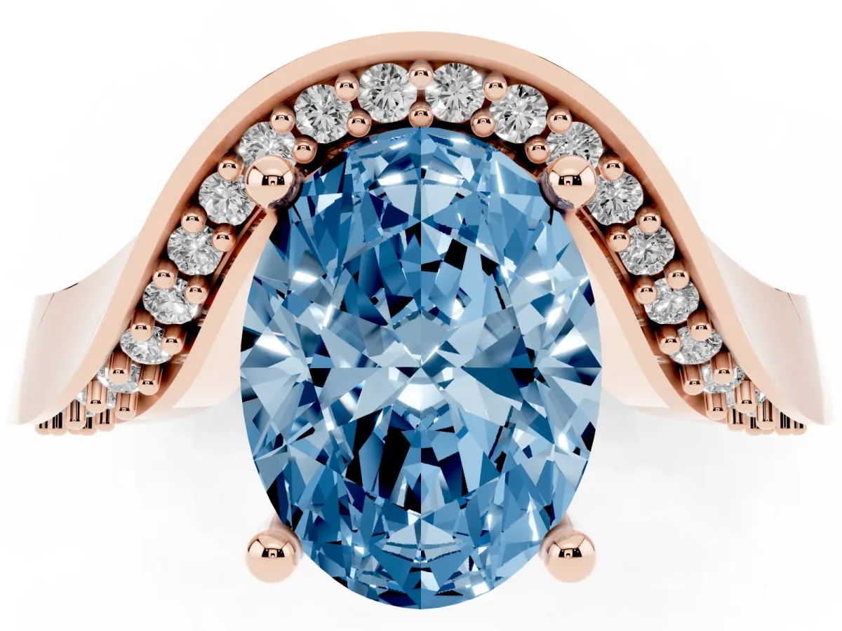 Fancy Blue Oval Cut Solitaire Diamond Engagement Ring with Pave Band and Four-Prong Setting Rose gold